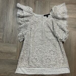BCBGMaxAzria Top Womens XXS Silver Lace Sequin Ruffle Sleeve Metallic Steacy